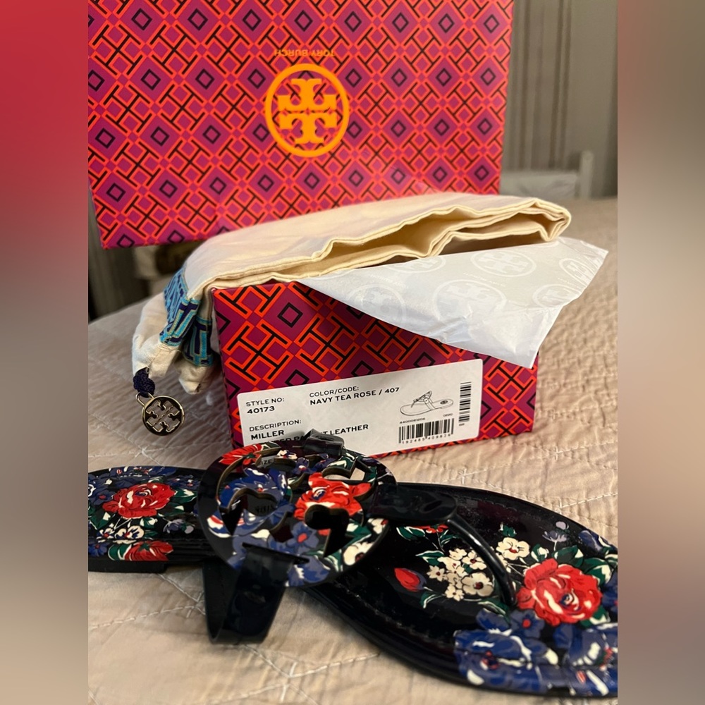 Tory Burch Miller Logo Sandals in Navy Tea Rose